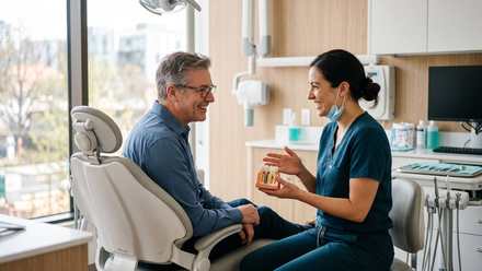 Dentist showing a dental implant model to a smiling patient during a dental implants consultation in Milwaukee, WI at My Smiles USA