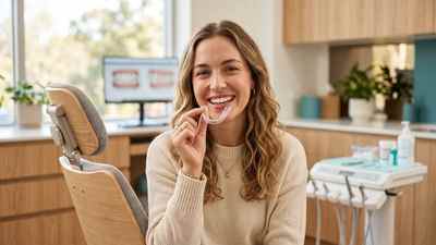 Smiling young woman holding a clear Invisalign aligner tray during an Invisalign consultation in Racine, WI at My Smiles USA
