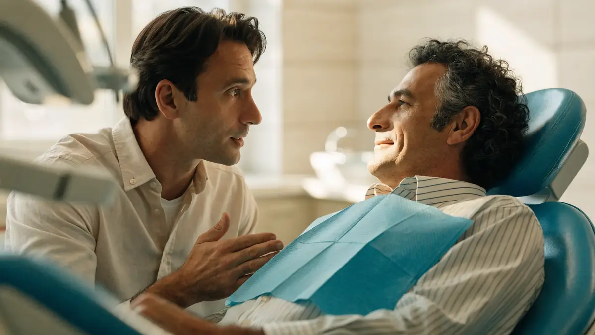 Dentist reassuring a relaxed patient in the chair before root canal treatment in Milwaukee