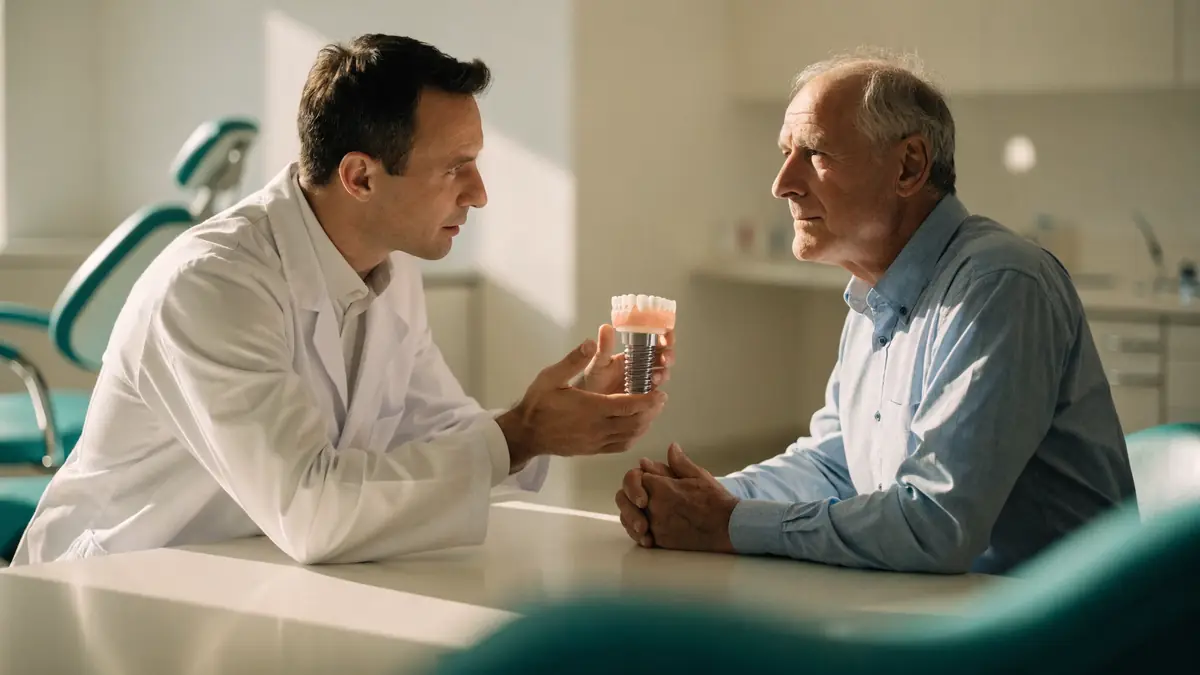 Dentist using a dental implant model to explain implant lifespan to an older patient in Wisconsin