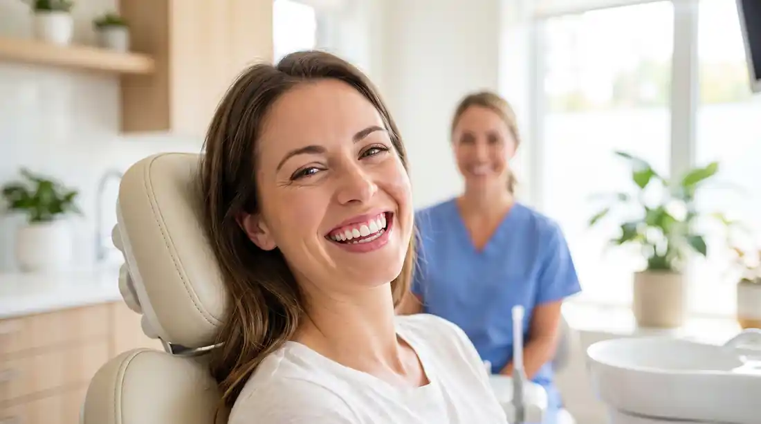 Woman with healthy gums and a bright smile at a Milwaukee and Racine dental office, illustrating the signs of gum disease