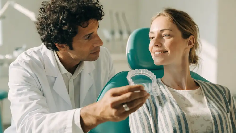Dentist showing a professional teeth whitening tray to a smiling patient in Racine, WI