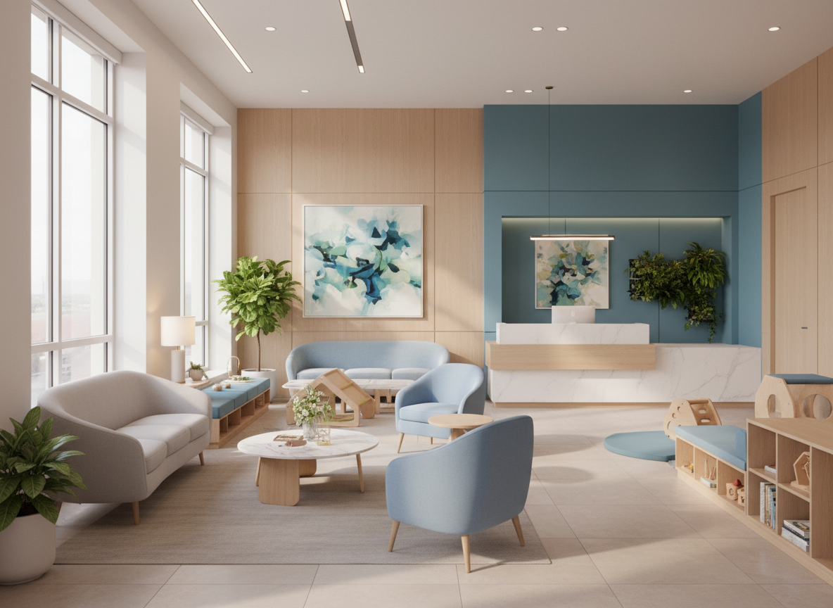 Bright, modern family dental office reception at My Smiles USA, a dentist serving Greenfield, WI