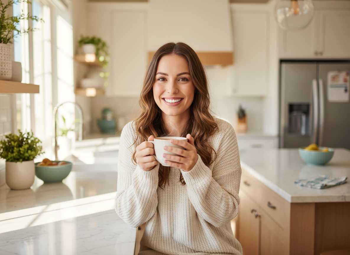 Woman with a bright white smile holding coffee, illustrating how to prevent coffee stains on teeth