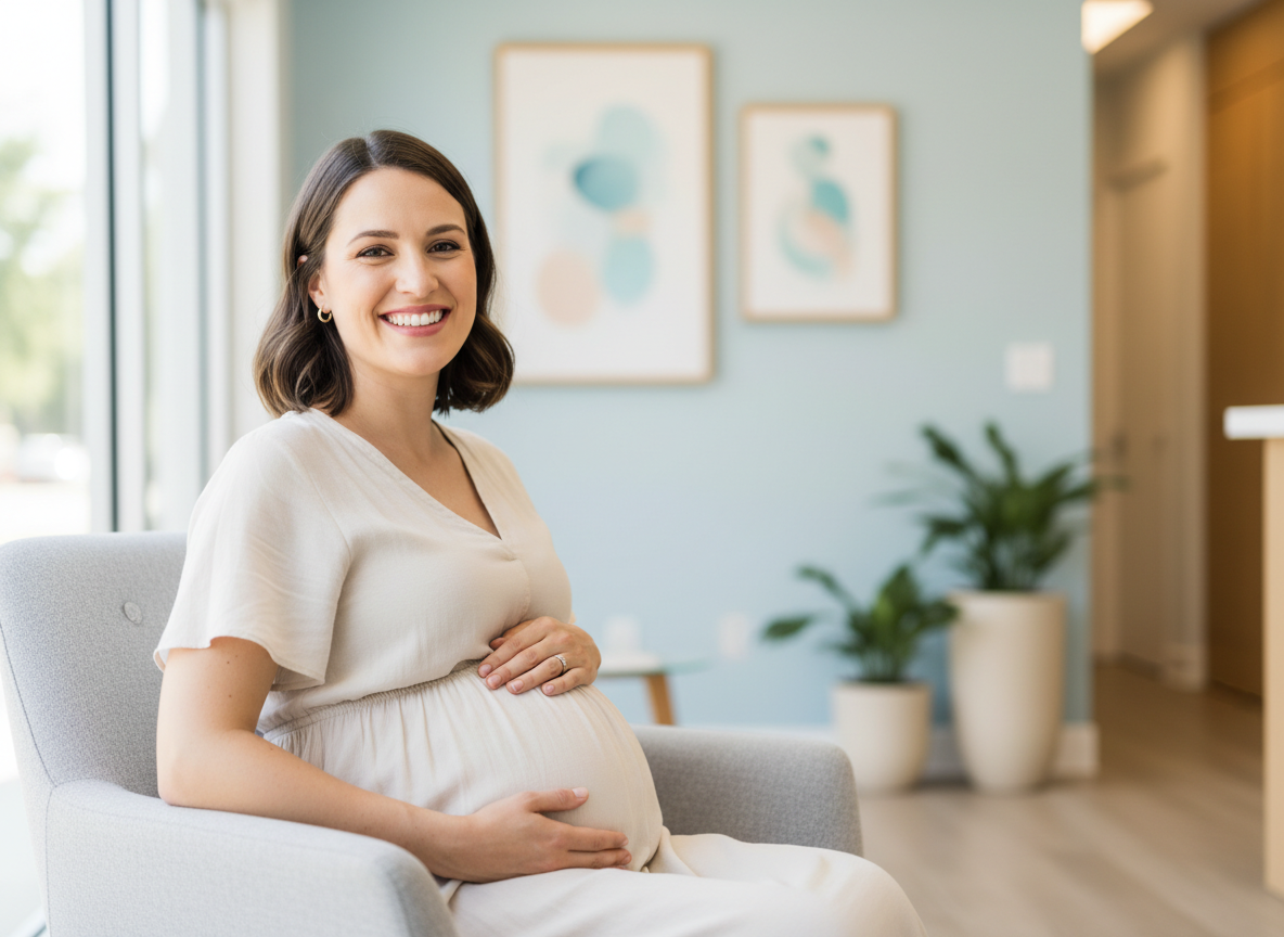 Smiling pregnant woman in a dental office representing safe dental care during pregnancy at My Smiles USA in Milwaukee and Racine, WI